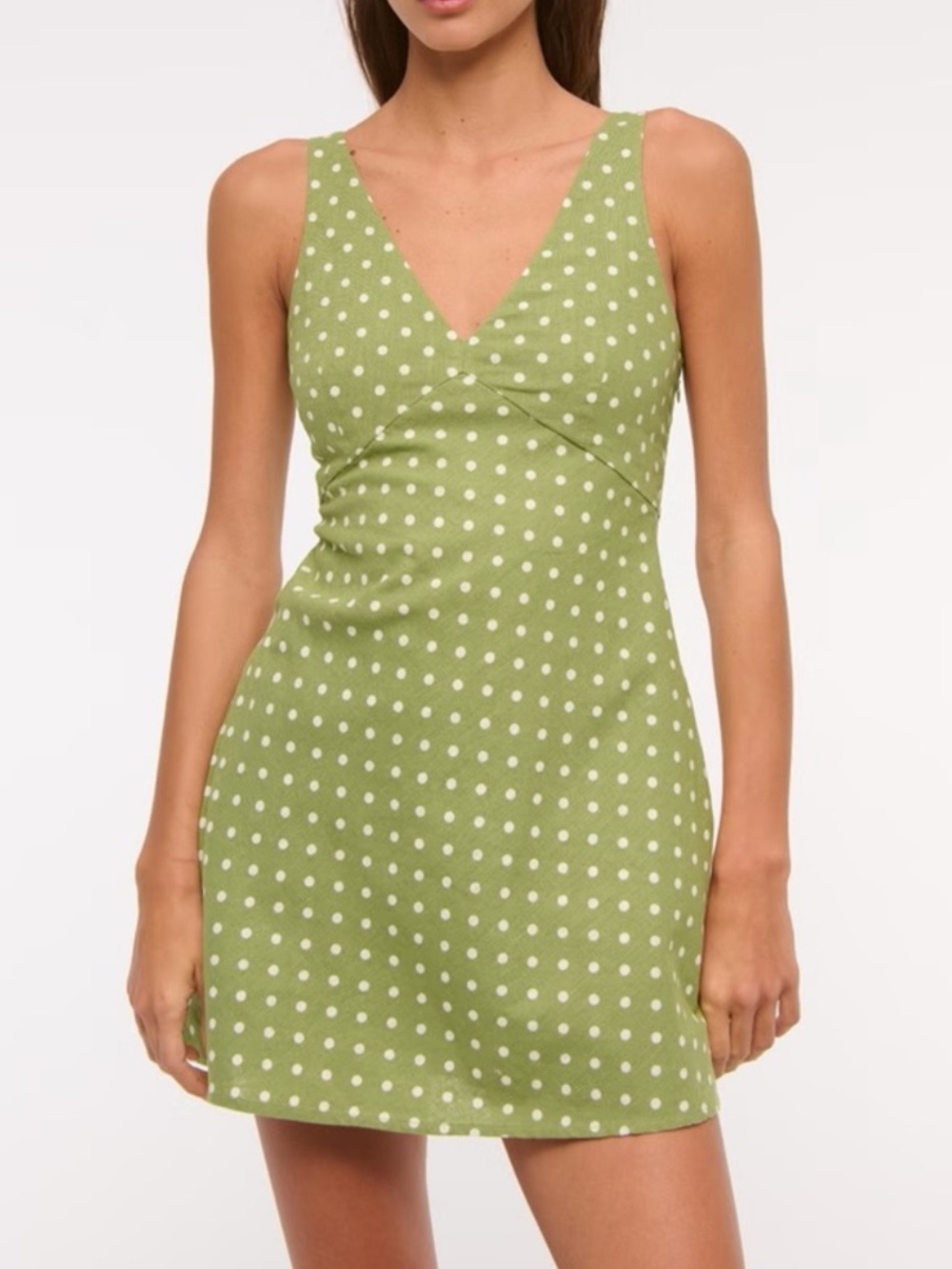 Abercrombie V-Neck Linen-Blend
Mini Dress in green dot